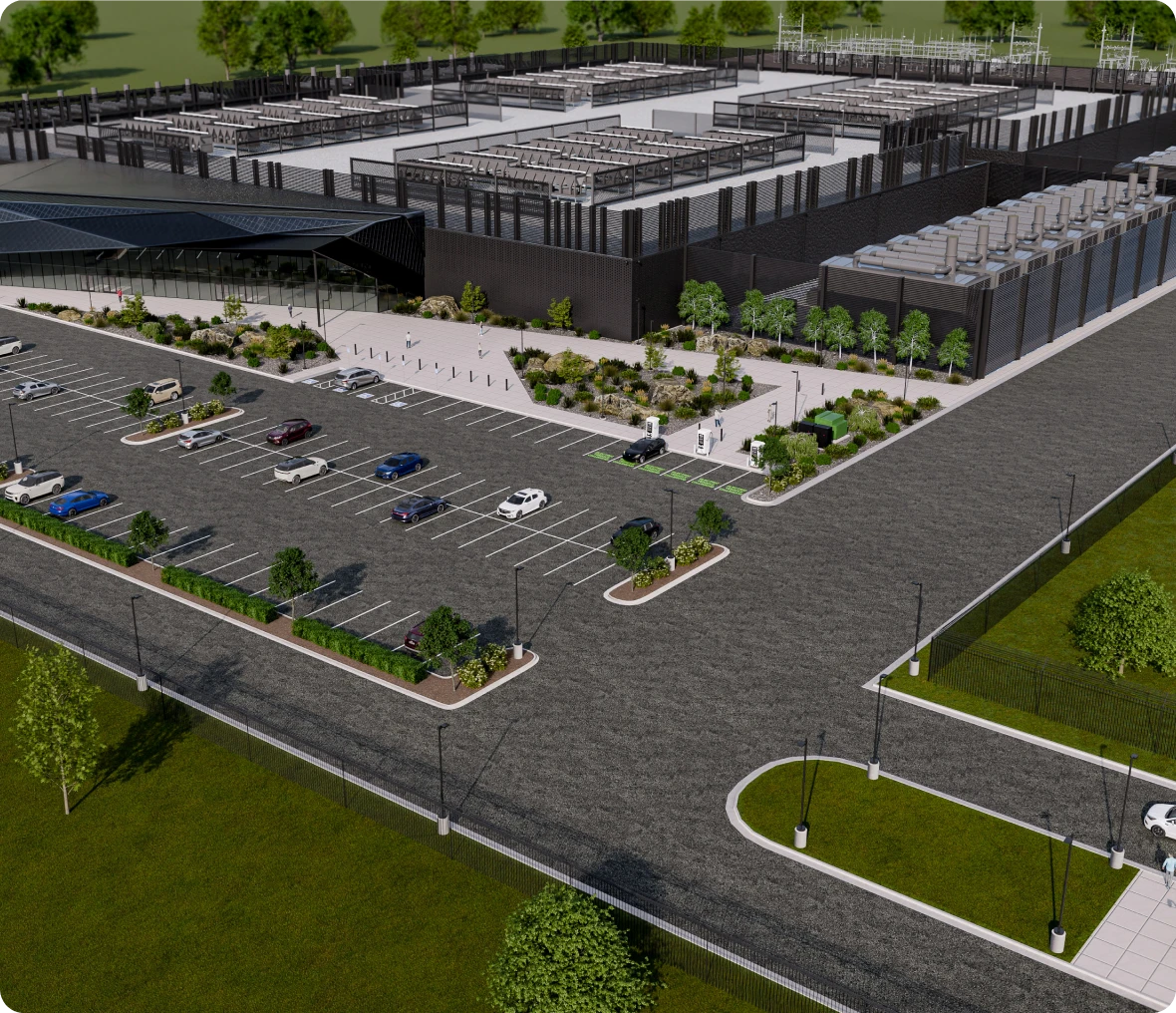 Aerial view of a large data center.