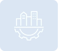 City skyline with gear outline icon.